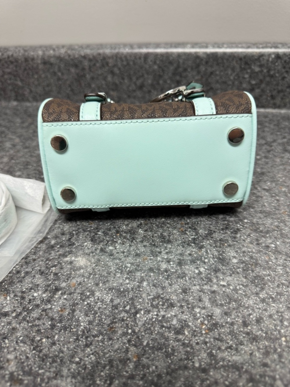 NWT Michael Kors Bedford Legacy XS Logo Duffle Crossbody Bag Brown/Aqua Blue 178 - Picture 7 of 16